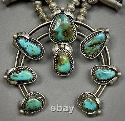 Vintage 70s Navajo Sterling Silver Royston Turquoise Squash Blossom Necklace