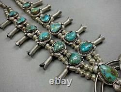 Vintage 70s Navajo Sterling Silver Royston Turquoise Squash Blossom Necklace