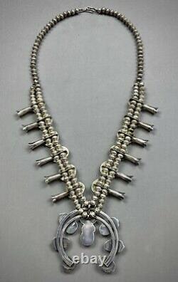 Vintage 70s Navajo Sterling Silver Royston Turquoise Squash Blossom Necklace