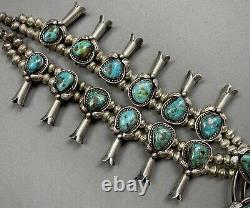 Vintage 70s Navajo Sterling Silver Royston Turquoise Squash Blossom Necklace