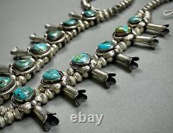 Vintage 70s Navajo Sterling Silver Royston Turquoise Squash Blossom Necklace