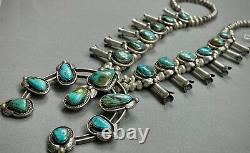 Vintage 70s Navajo Sterling Silver Royston Turquoise Squash Blossom Necklace