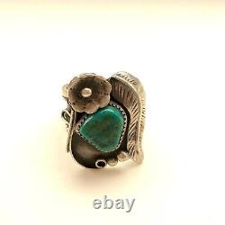 Vintage 70s Navajo Turquoise Floral Sterling Silver Ring, American Southwest