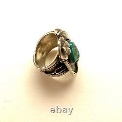 Vintage 70s Navajo Turquoise Floral Sterling Silver Ring, American Southwest