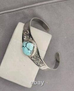 Vintage 925 Sterling Silver Navajo Turquoise Floral Cuff Bracelet