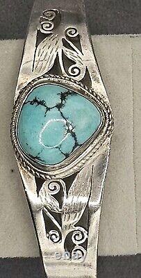 Vintage 925 Sterling Silver Navajo Turquoise Floral Cuff Bracelet