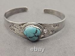 Vintage 925 Sterling Silver Navajo Turquoise Floral Cuff Bracelet