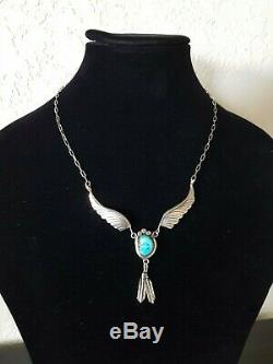 Vintage 925 Sterling Silver Turquoise NAVAJO NECKLACE Wings Feather 14g. Excellen