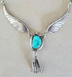 Vintage 925 Sterling Silver Turquoise NAVAJO NECKLACE Wings Feather 14g. Excellen