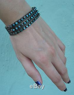 Vintage Beauty Navajo Indian Silver Snake Eye Turquoise Three Row Bracelet