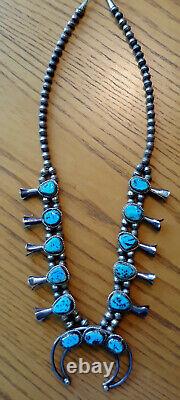 Vintage Blue Turquoise Sterling Navajo Squash Blossom Necklace Otero