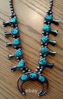 Vintage Blue Turquoise Sterling Navajo Squash Blossom Necklace Otero