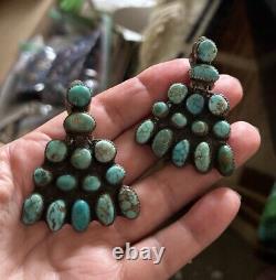 Vintage Brilliant Earrings Navajo Sterling Turquoise HUGE Signed 1940s