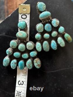 Vintage Brilliant Earrings Navajo Sterling Turquoise HUGE Signed 1940s