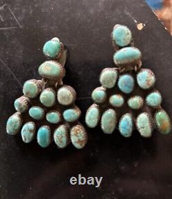 Vintage Brilliant Earrings Navajo Sterling Turquoise HUGE Signed 1940s