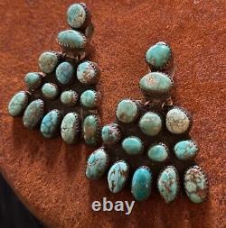 Vintage Brilliant Earrings Navajo Sterling Turquoise HUGE Signed 1940s