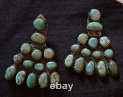 Vintage Brilliant Earrings Navajo Sterling Turquoise HUGE Signed 1940s