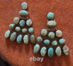 Vintage Brilliant Earrings Navajo Sterling Turquoise HUGE Signed 1940s