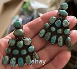 Vintage Brilliant Earrings Navajo Sterling Turquoise HUGE Signed 1940s