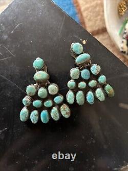 Vintage Brilliant Earrings Navajo Sterling Turquoise HUGE Signed 1940s