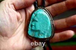Vintage CARVED TURQUOISE BOLO pendant Native Chief bust head sterling RRC Navajo