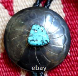 Vintage CONCHO + TURQUOISE BOLO sterling silver Navajo old pawn flower signed