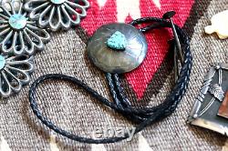 Vintage CONCHO + TURQUOISE BOLO sterling silver Navajo old pawn flower signed