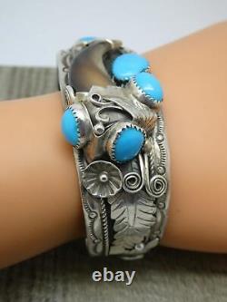 Vintage CY Navajo Turquoise & Claw Sterling Silver Cuff Bangle Native American
