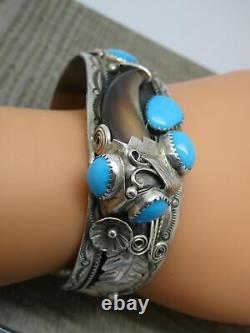 Vintage CY Navajo Turquoise & Claw Sterling Silver Cuff Bangle Native American