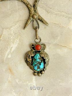 Vintage Chunky Navajo Turquoise Coral Pendant Necklace Sterling Silver