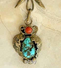 Vintage Chunky Navajo Turquoise Coral Pendant Necklace Sterling Silver