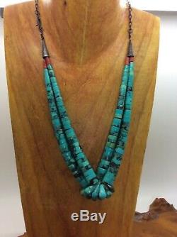 Vintage Double Strand Navajo Jacla Necklace Turquoise Coral Sterling Silver