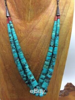 Vintage Double Strand Navajo Jacla Necklace Turquoise Coral Sterling Silver