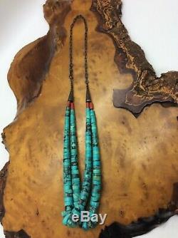 Vintage Double Strand Navajo Jacla Necklace Turquoise Coral Sterling Silver