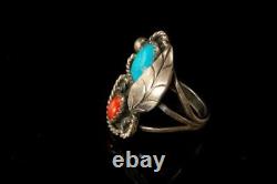 Vintage Early Navajo Coral Turquoise Sterling Silver Ring Br