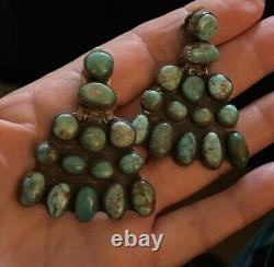 Vintage Earrings Navajo Sterling Turquoise HUGE Signed Extraordinary Antique 40s