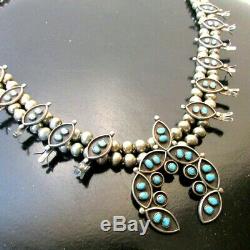 Vintage Estate Old Pawn Navajo Sterling Silver Turquoise Squash Blossom Necklace