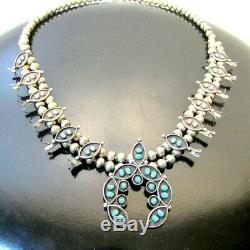 Vintage Estate Old Pawn Navajo Sterling Silver Turquoise Squash Blossom Necklace