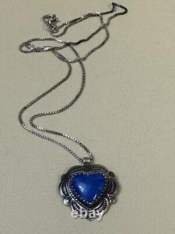 Vintage Estate Signed Q. T. 925 Turquoise Silver Lapis Heart Necklace Navajo