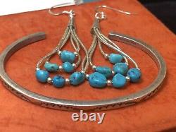 Vintage Estate Sterling Silver Native American Bracelet & Turquoise Earrings