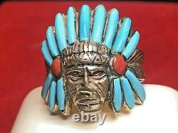 Vintage Estate Sterling Silver Native American Headdress Coral Turquoise Signed