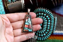 Vintage FRANK YELLOWHORSE multi-stone INLAY PENDANT Navajo sterling turquoise