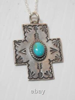 Vintage Fred Harvey Navajo Indian Sterling Silver Turquoise Cross Free Chain