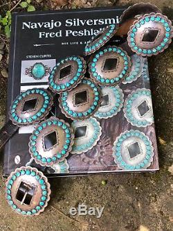 Vintage Fred Peshlakai Navajo Turquoise & Sterling Silver Concho Belt Signed