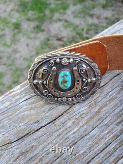 Vintage H. Spencer (Navajo) Turquoise Sterling Silver Horse Shoe Belt Buckle