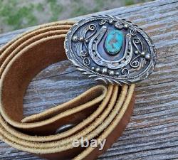 Vintage H. Spencer (Navajo) Turquoise Sterling Silver Horse Shoe Belt Buckle