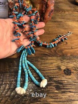 Vintage Handmade MEDITERRANEAN CORAL NECKLACE Turquoise Tabs Jaclas Jocla 925