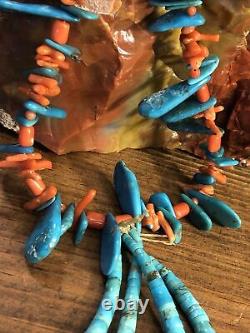 Vintage Handmade MEDITERRANEAN CORAL NECKLACE Turquoise Tabs Jaclas Jocla 925