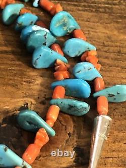 Vintage Handmade MEDITERRANEAN CORAL NECKLACE Turquoise Tabs Jaclas Jocla 925