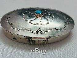 Vintage Jeffery Castillo Navajo Sterling and Turquoise Pill Box with Stamp Work